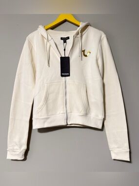 True Religion cream cropped hoodie with gold logo size small
